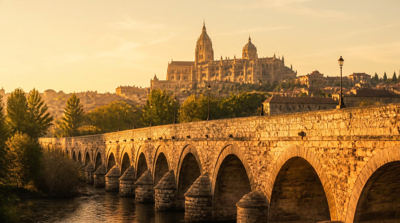 Puente romano de Salamanca sobre el río Tormes con luz de atardecer
